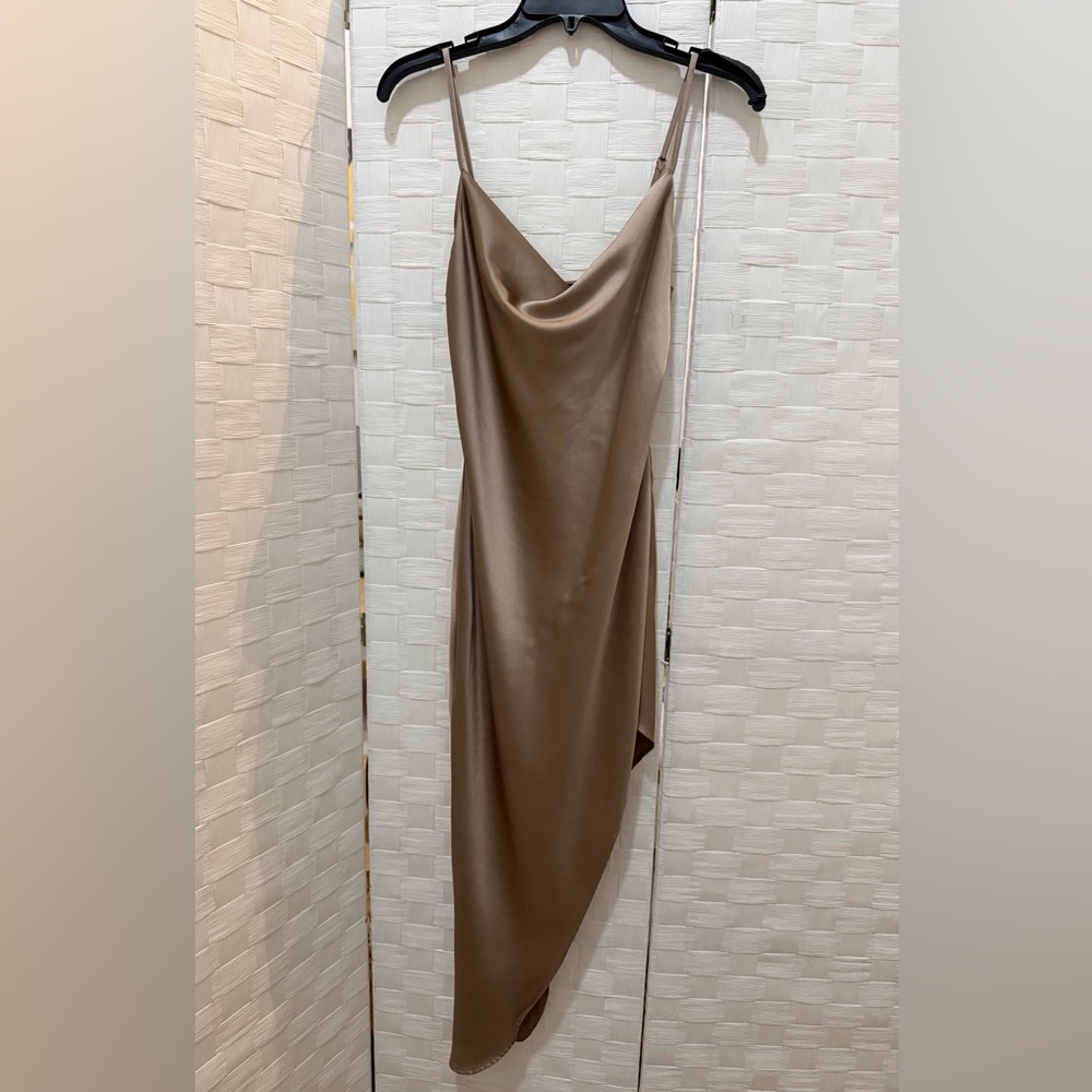 Forever 21 Champagne Satin Cowl Neck Slip Dress Asymmetrical Hem Size S